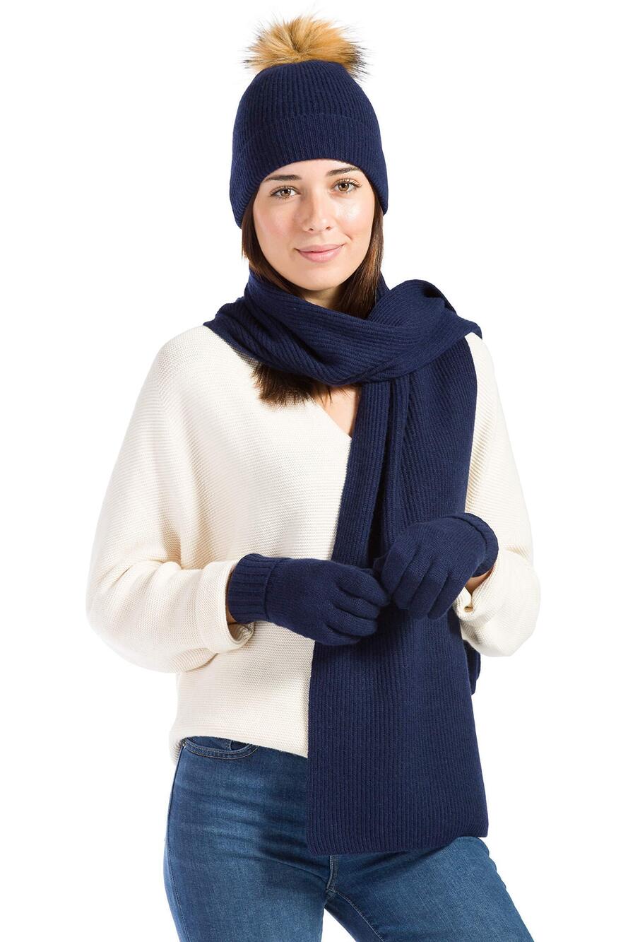 5761 3 piece Pure Cashmere Pom Beanie Hat Glove & Scarf Set Navy
